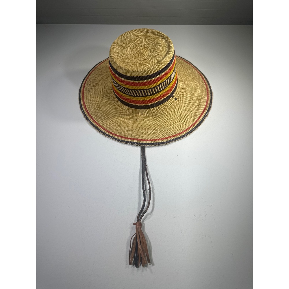 Handwoven Bolga Straw Sun Hat Ghana Wide Brim Leather Chin Strap Red Yellow Hat